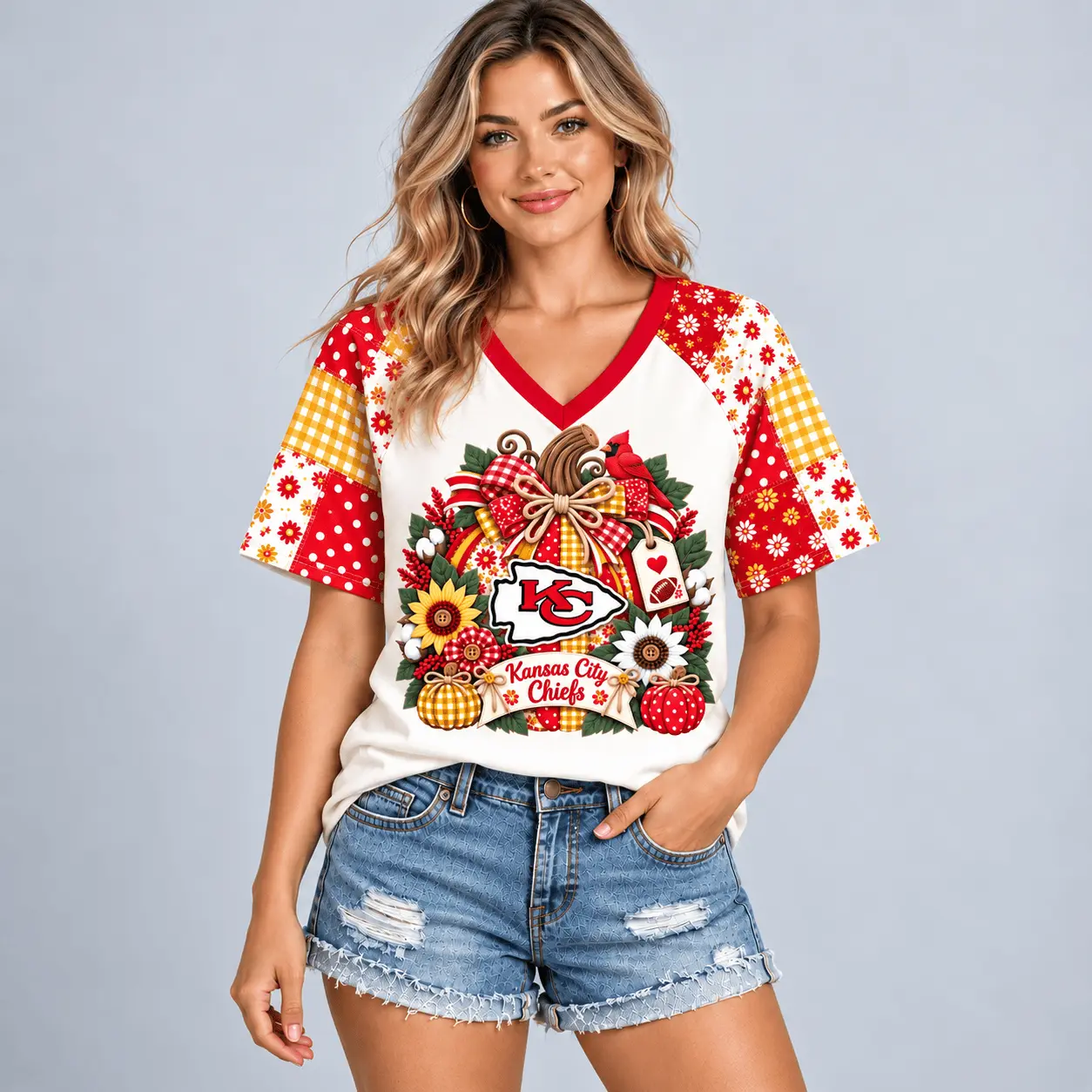 Kansas City Chiefs | Premium NFL Rustic Floral Bow & Pumpkin V-Neck TD - Image 2