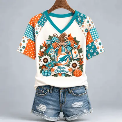 Miami Dolphins | Premium NFL Rustic Floral Bow & Pumpkin V-Neck TD