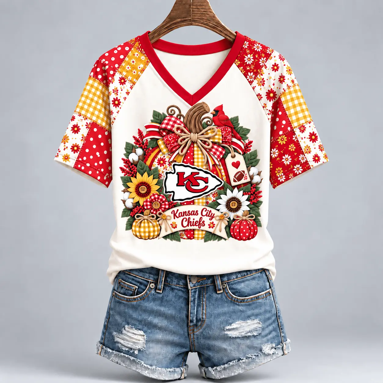 Kansas City Chiefs | Premium NFL Rustic Floral Bow & Pumpkin V-Neck TD