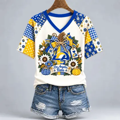 Los Angeles Rams | Premium NFL Rustic Floral Bow & Pumpkin V-Neck TD