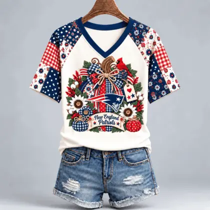 New England Patriots | Premium NFL Rustic Floral Bow & Pumpkin V-Neck TD