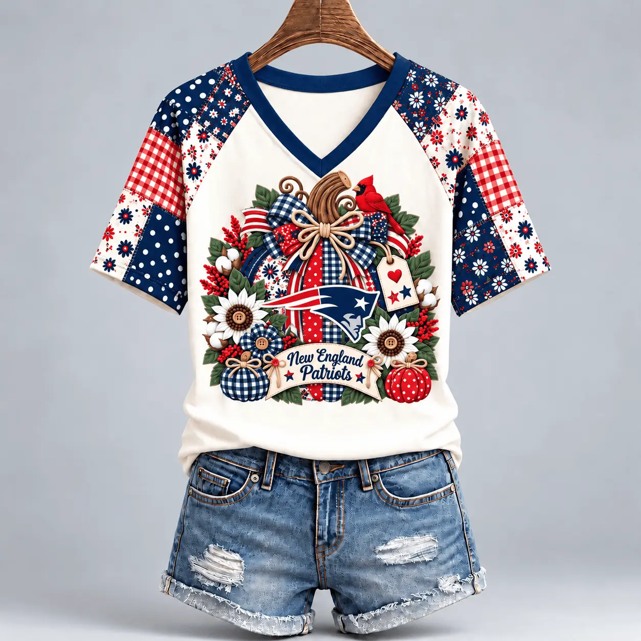 New England Patriots | Premium NFL Rustic Floral Bow & Pumpkin V-Neck TD