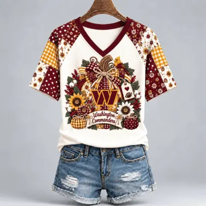 Washington Commanders | Premium NFL Rustic Floral Bow & Pumpkin V-Neck TD