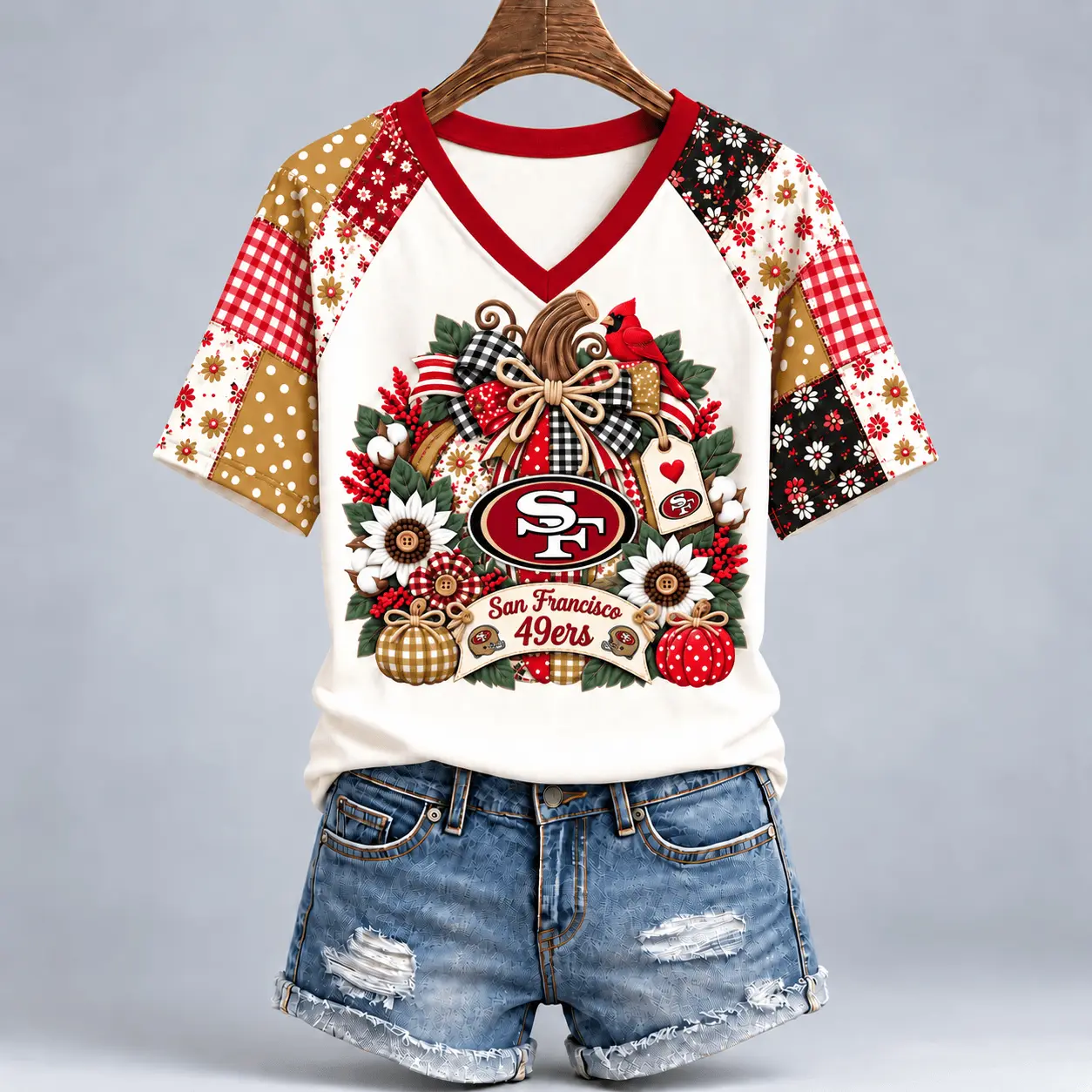 San Francisco 49ers | Premium NFL Rustic Floral Bow & Pumpkin V-Neck TD