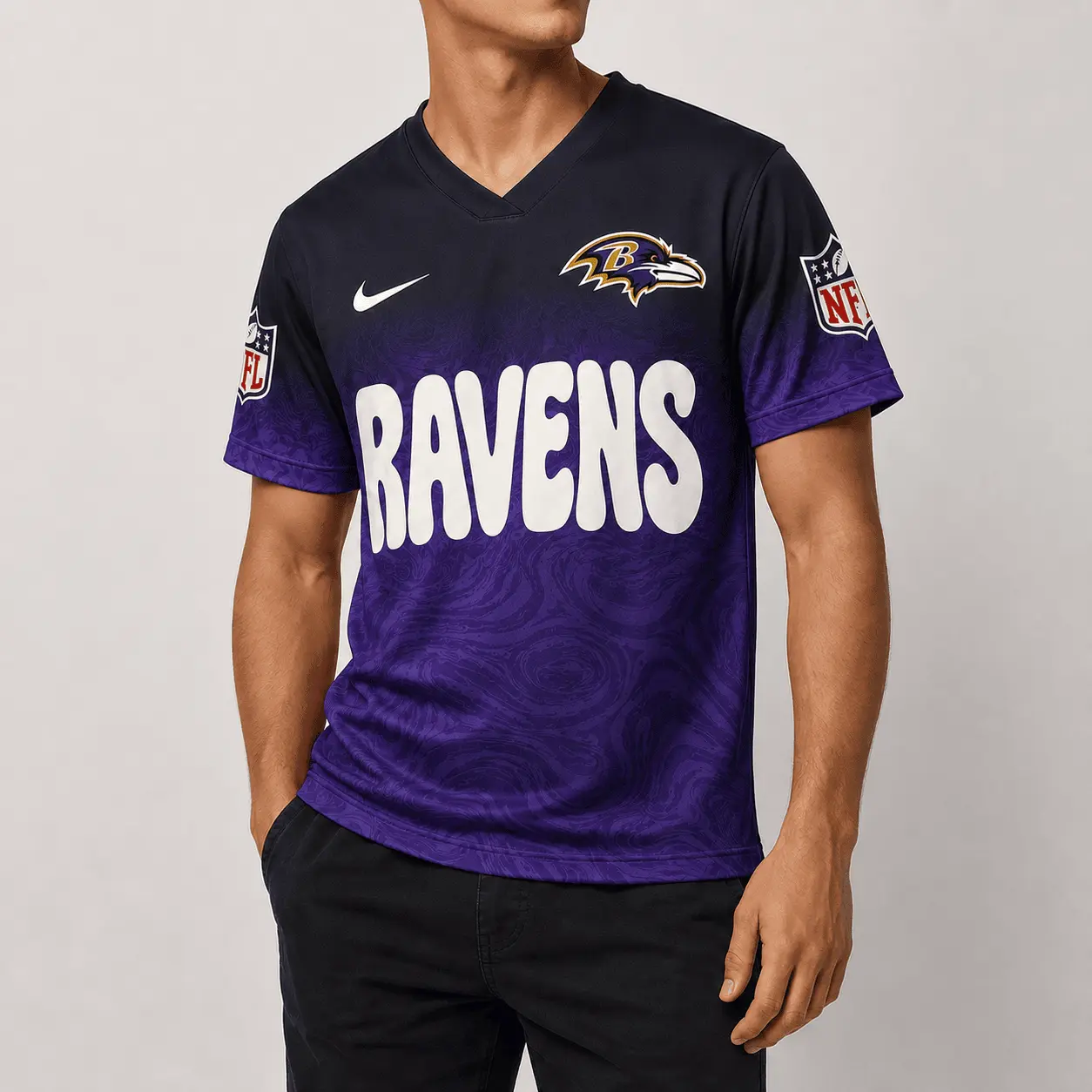 Baltimore Ravens | Premium NFL Marble Gradient Fanzone V-Neck Shirt NTD - Image 2