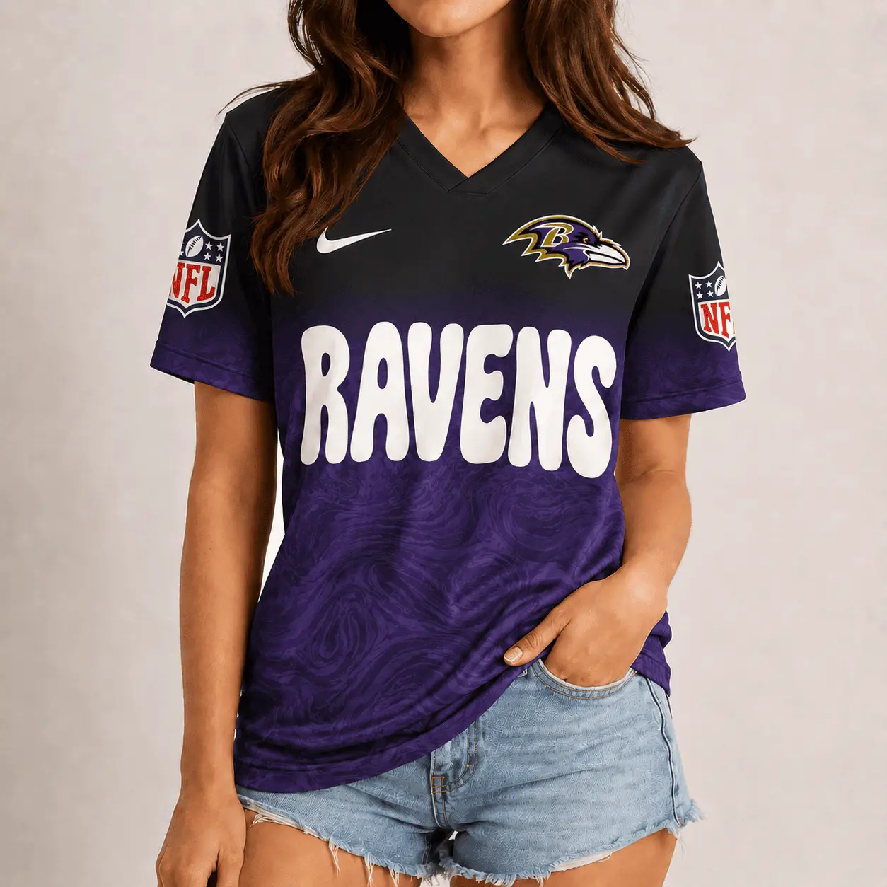 Baltimore Ravens | Premium NFL Marble Gradient Fanzone V-Neck Shirt NTD