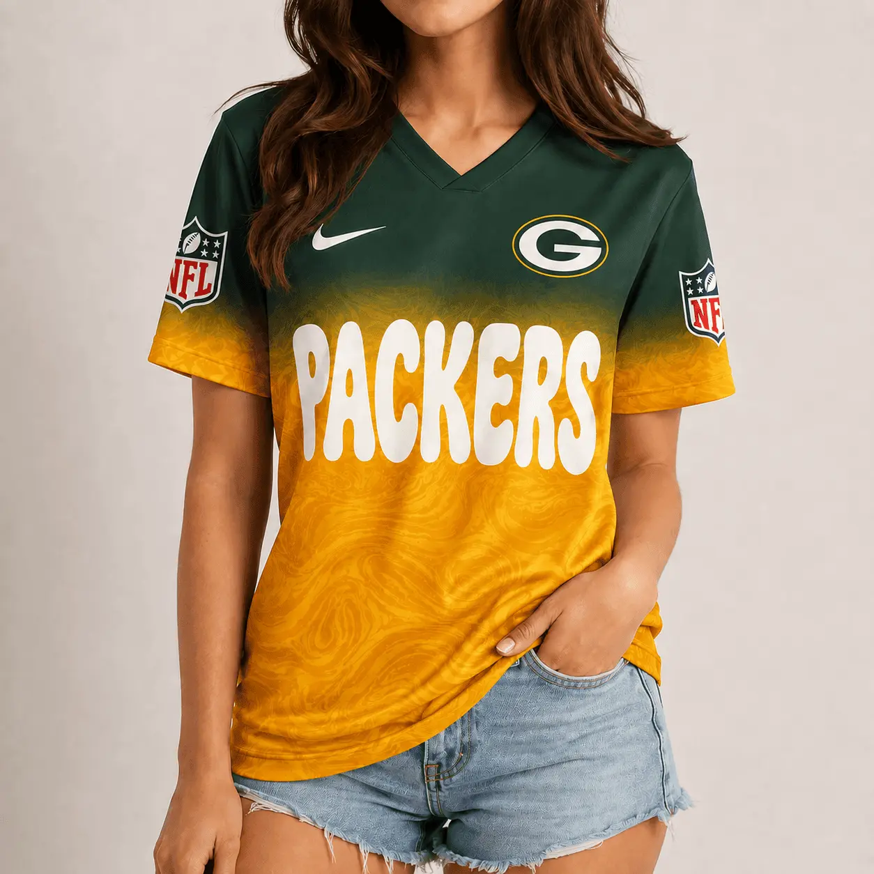 Green Bay Packers | Premium NFL Marble Gradient Fanzone V-Neck Shirt NTD