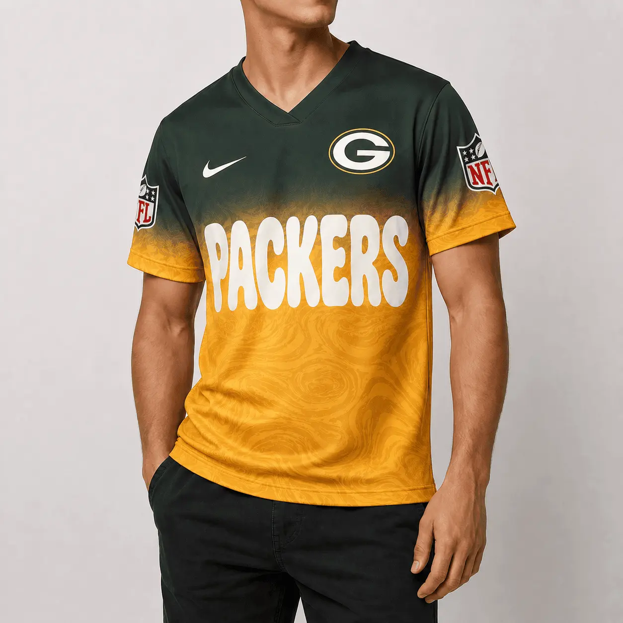 Green Bay Packers | Premium NFL Marble Gradient Fanzone V-Neck Shirt NTD - Image 2