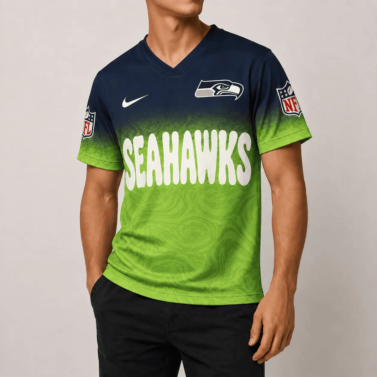Seattle Seahawks | Premium NFL Marble Gradient Fanzone V-Neck Shirt NTD - Image 2