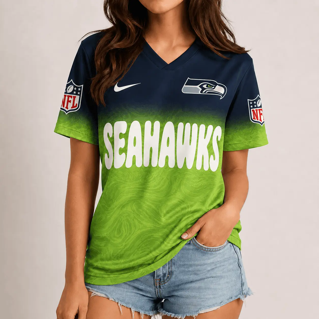 Seattle Seahawks | Premium NFL Marble Gradient Fanzone V-Neck Shirt NTD