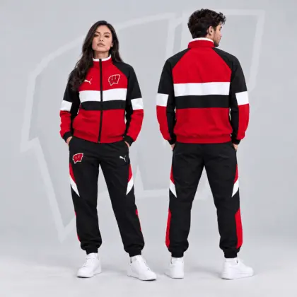 Wisconsin Badgers | Premium NCAA Colorblock Performance Tracksuit Jacket & Jogger Set NDN