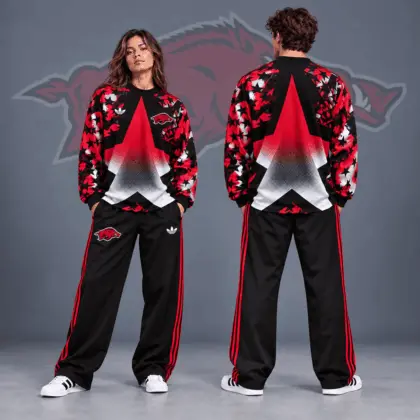 Arkansas Razorbacks | Premium NCAA Starburst Athletic Crewneck &amp; Wide Leg Track Pants Set NDN