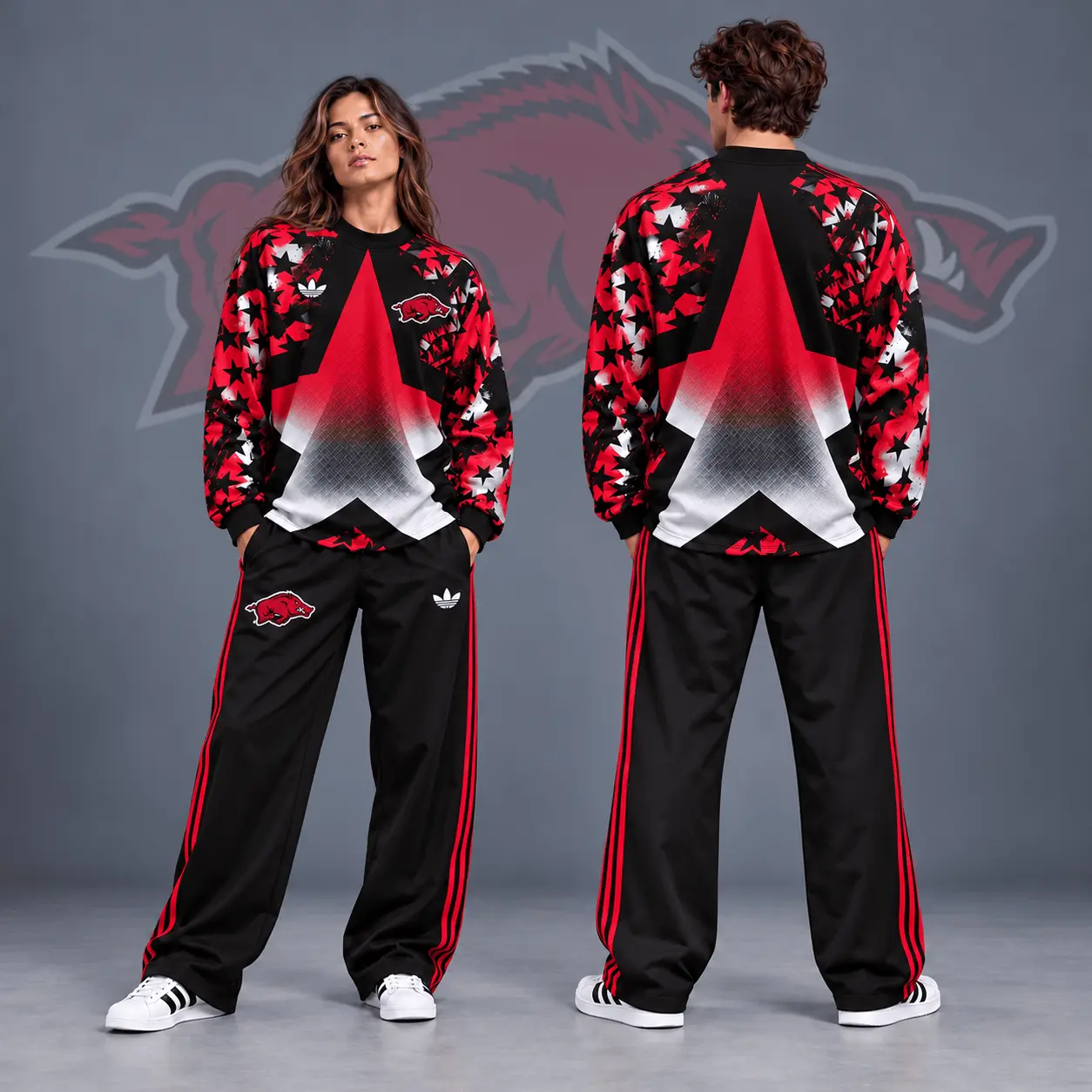 Arkansas Razorbacks | Premium NCAA Starburst Athletic Crewneck & Wide Leg Track Pants Set NDN