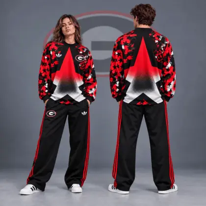 Georgia Bulldogs | Premium NCAA Starburst Athletic Crewneck & Wide Leg Track Pants Set NDN