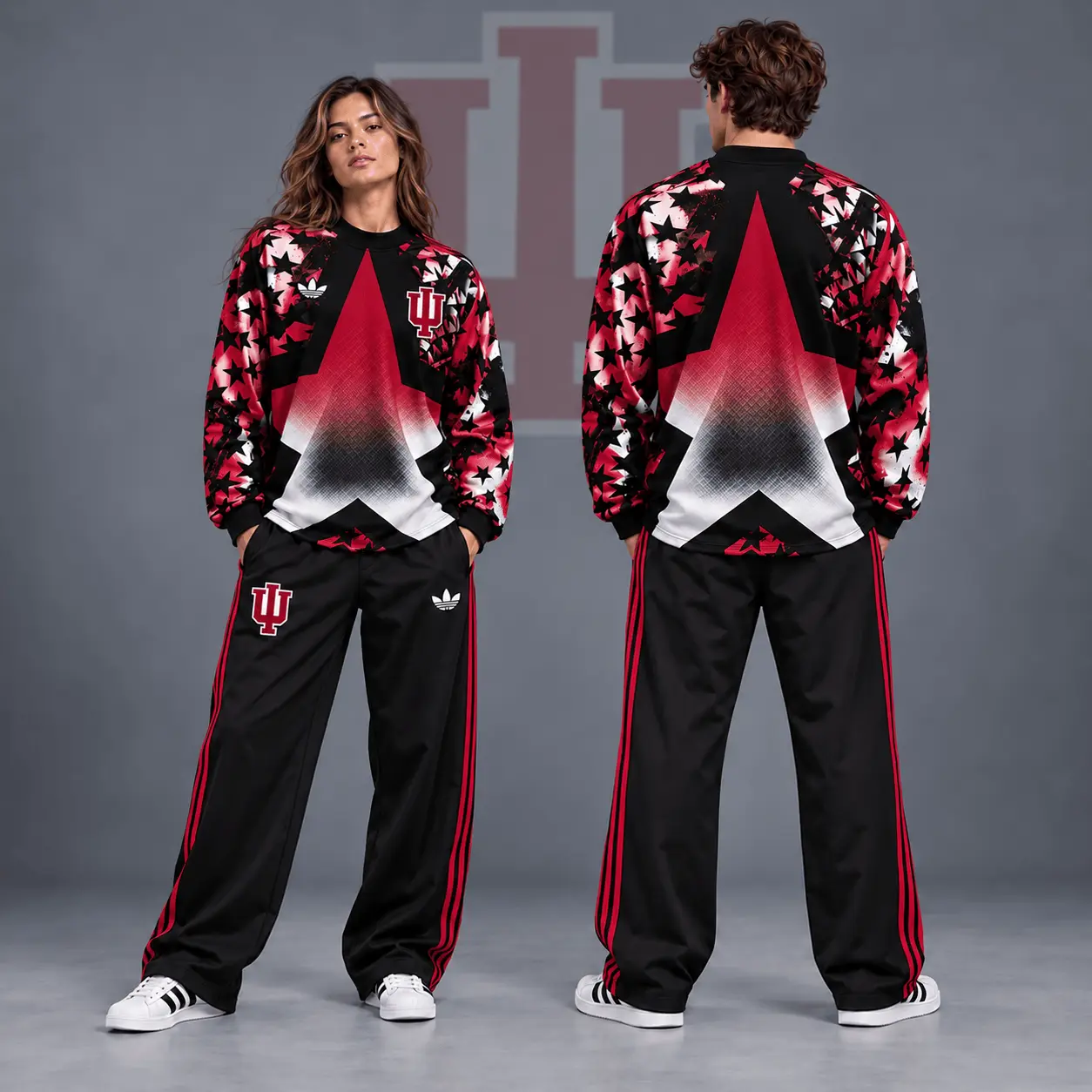 Indiana Hoosiers | Premium NCAA Starburst Athletic Crewneck & Wide Leg Track Pants Set NDN