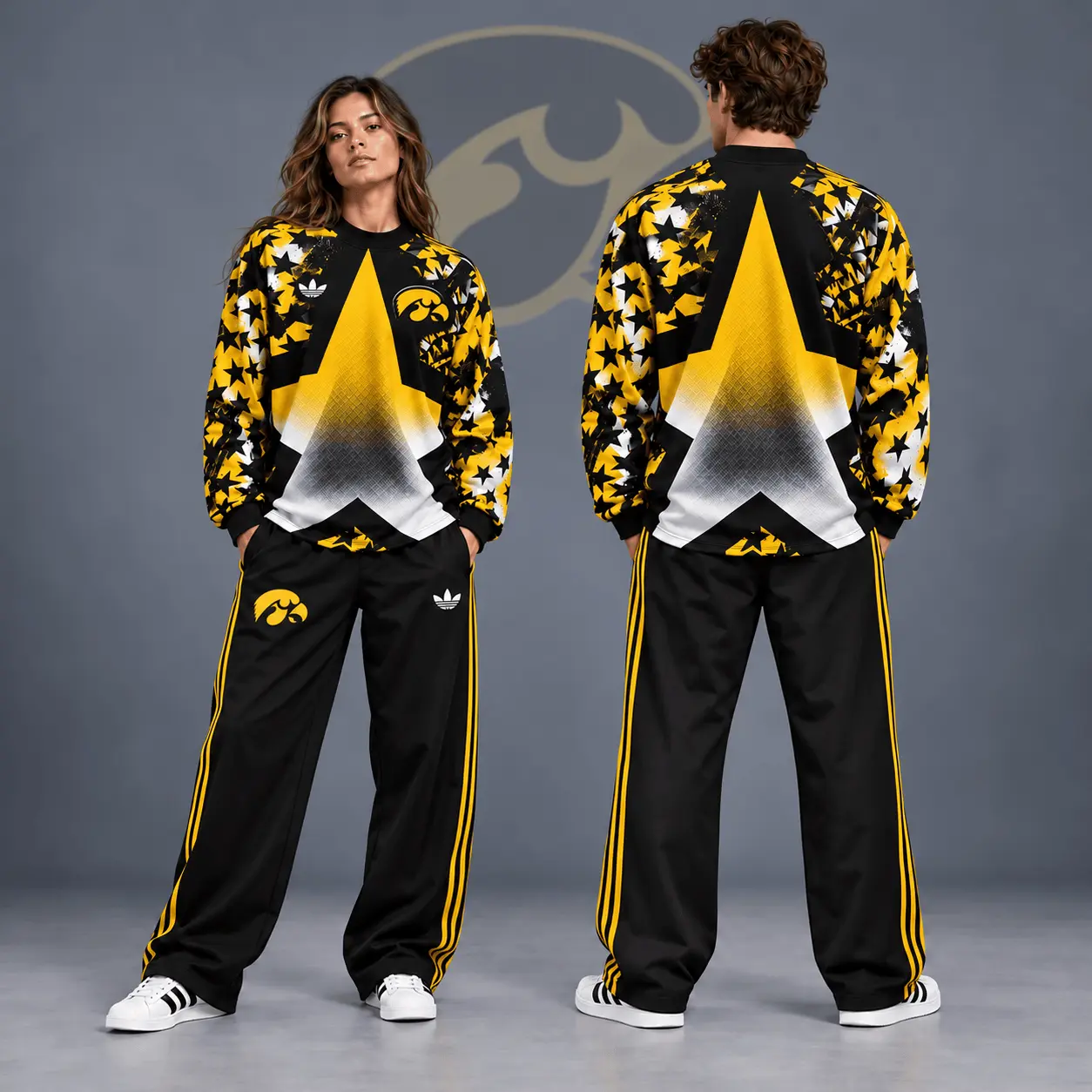 Iowa Hawkeyes | Premium NCAA Starburst Athletic Crewneck & Wide Leg Track Pants Set NDN