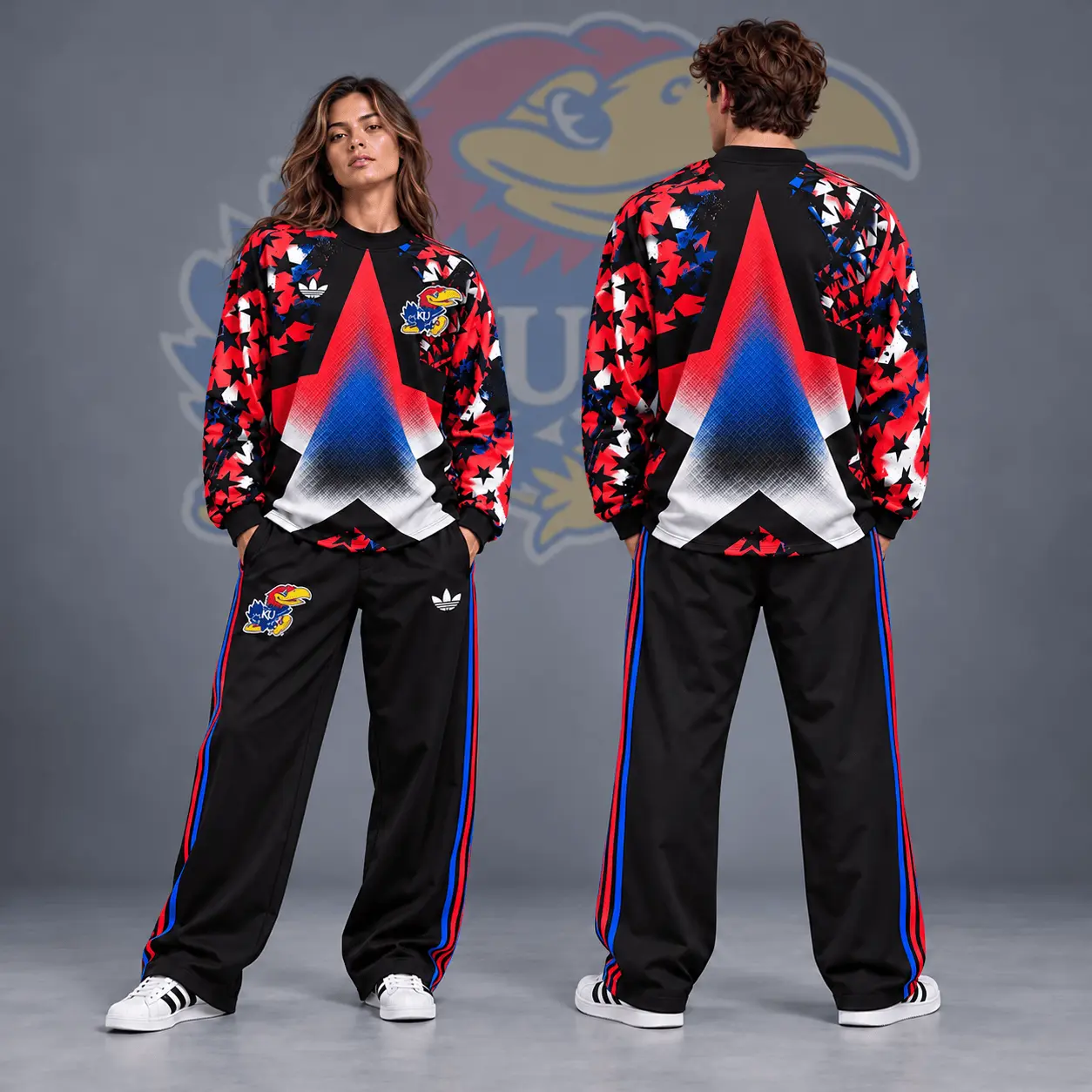 Kansas Jayhawks | Premium NCAA Starburst Athletic Crewneck & Wide Leg Track Pants Set NDN