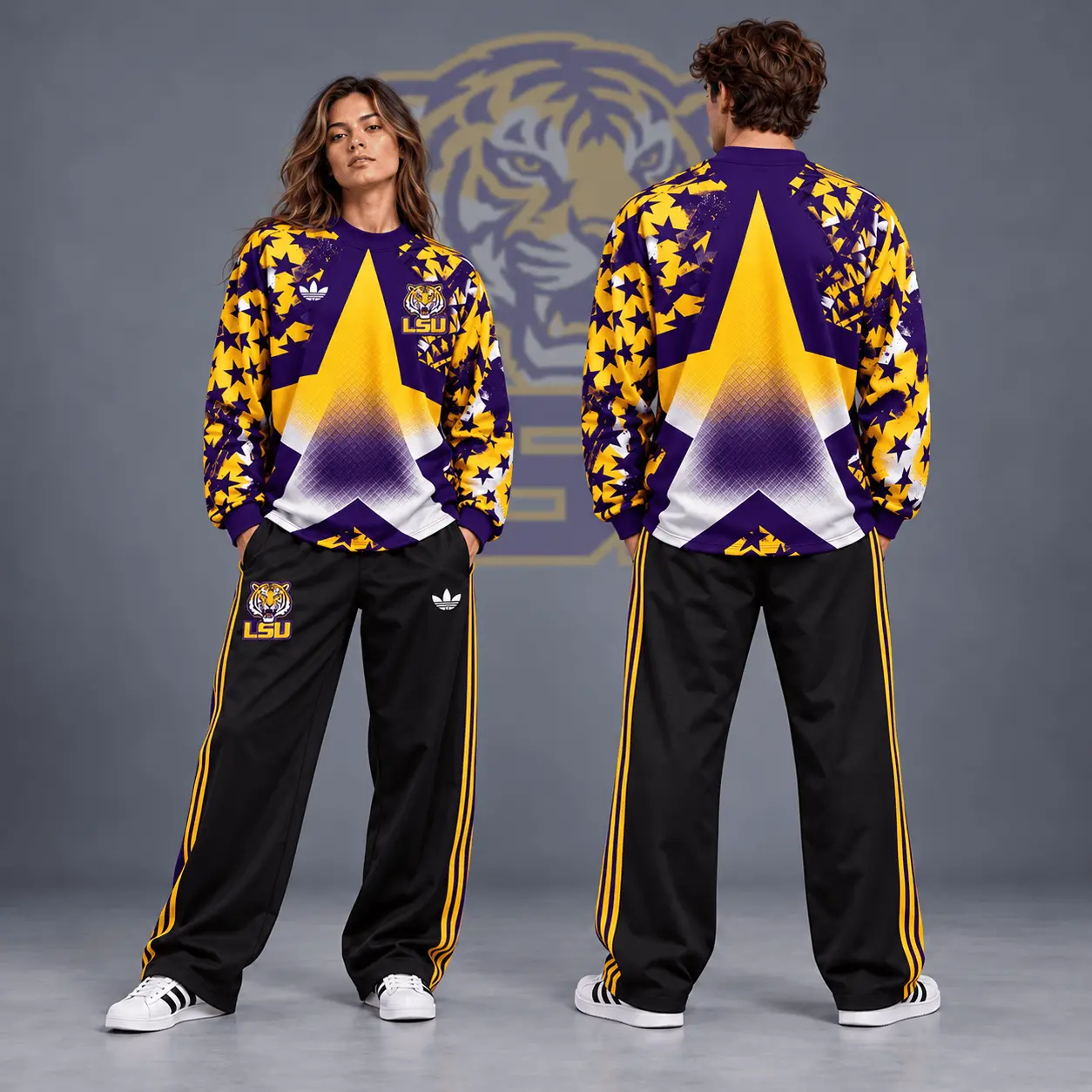 Lsu Tigers | Premium NCAA Starburst Athletic Crewneck & Wide Leg Track Pants Set NDN