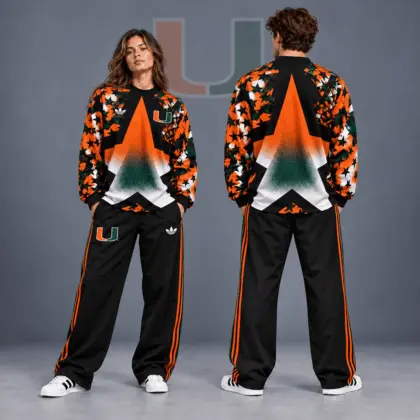 Miami Hurricanes | Premium NCAA Starburst Athletic Crewneck & Wide Leg Track Pants Set NDN