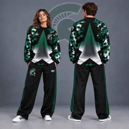 Michigan State Spartans | Premium NCAA Starburst Athletic Crewneck & Wide Leg Track Pants Set NDN