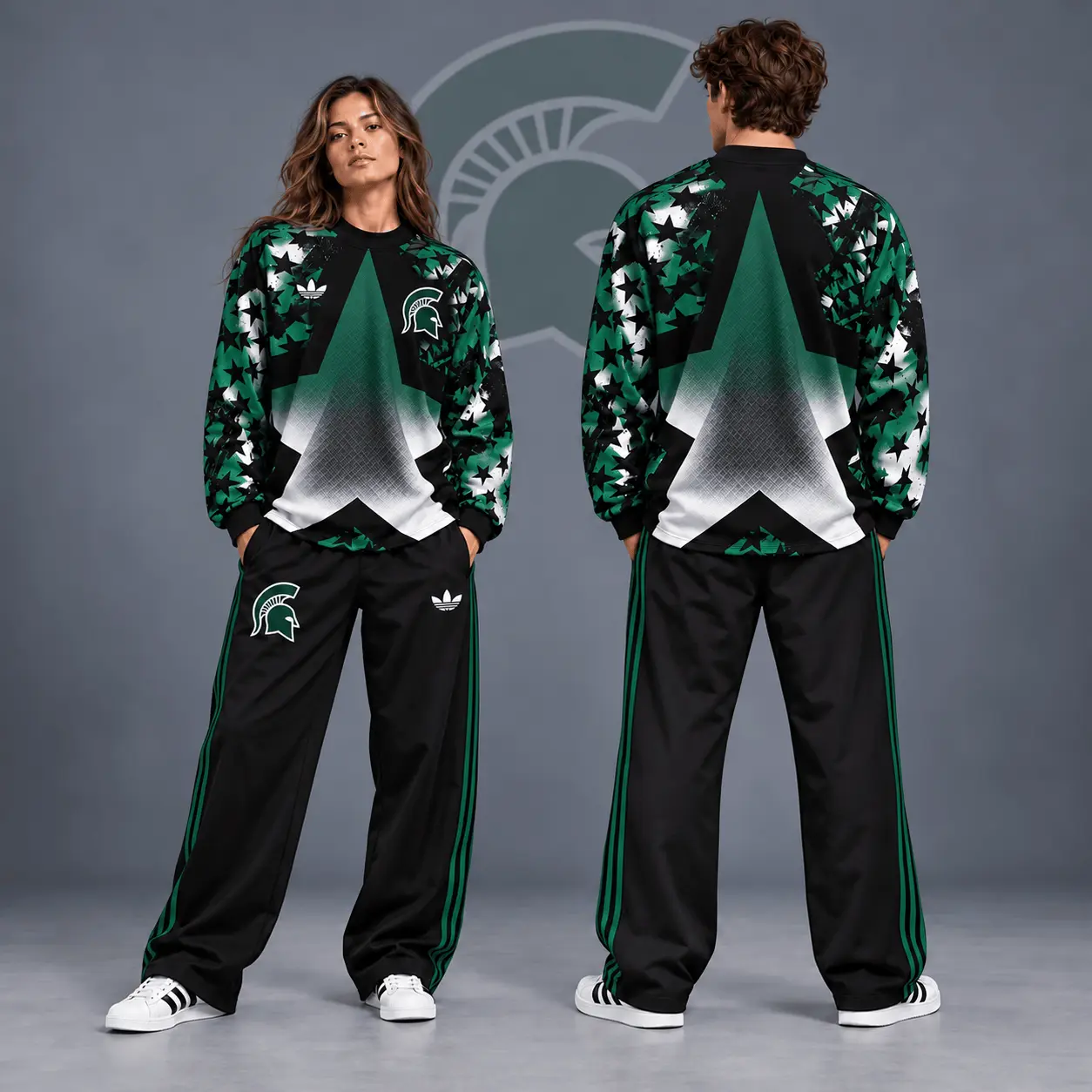 Michigan State Spartans | Premium NCAA Starburst Athletic Crewneck & Wide Leg Track Pants Set NDN