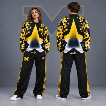 Michigan Wolverines | Premium NCAA Starburst Athletic Crewneck & Wide Leg Track Pants Set NDN