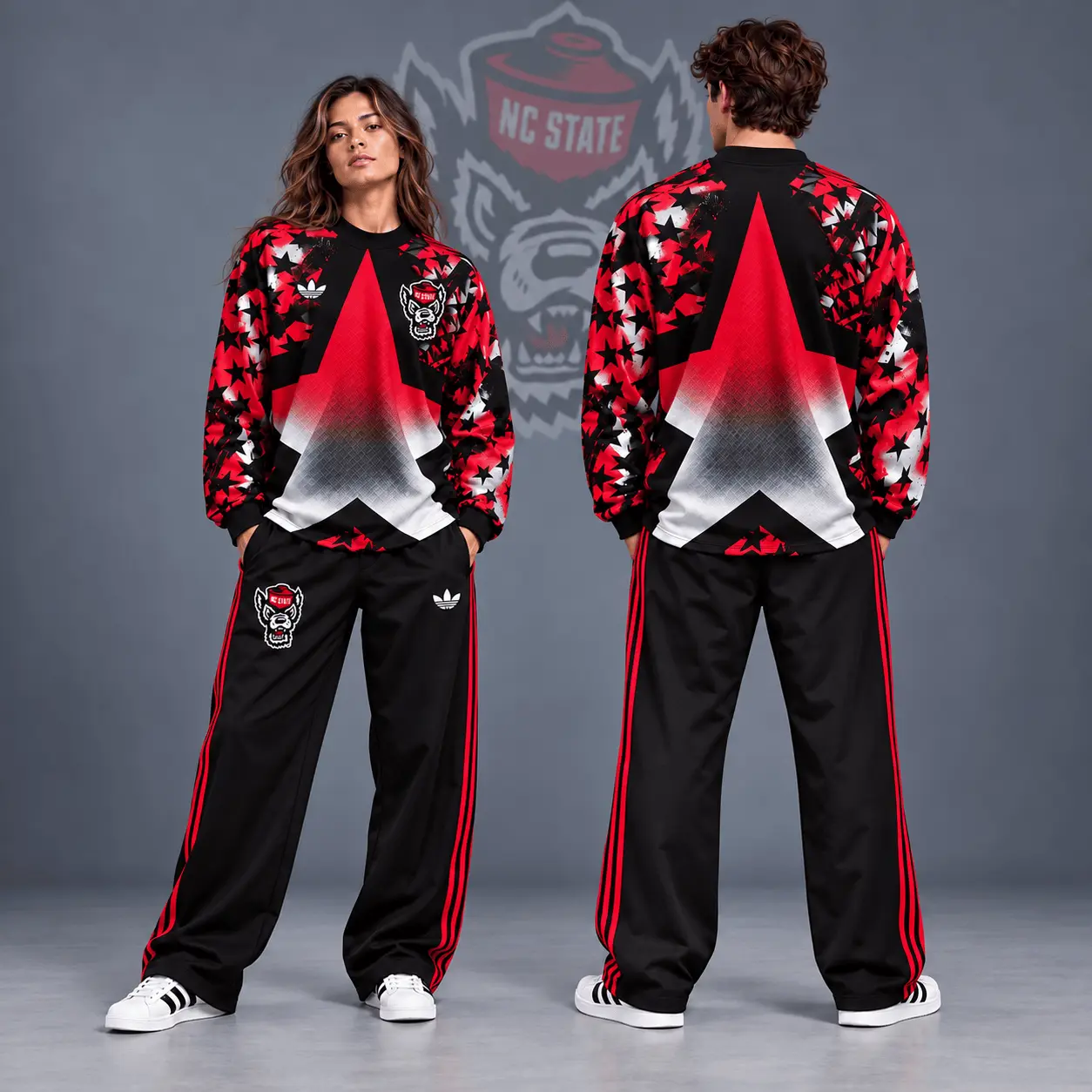 Nc State Wolfpack | Premium NCAA Starburst Athletic Crewneck & Wide Leg Track Pants Set NDN