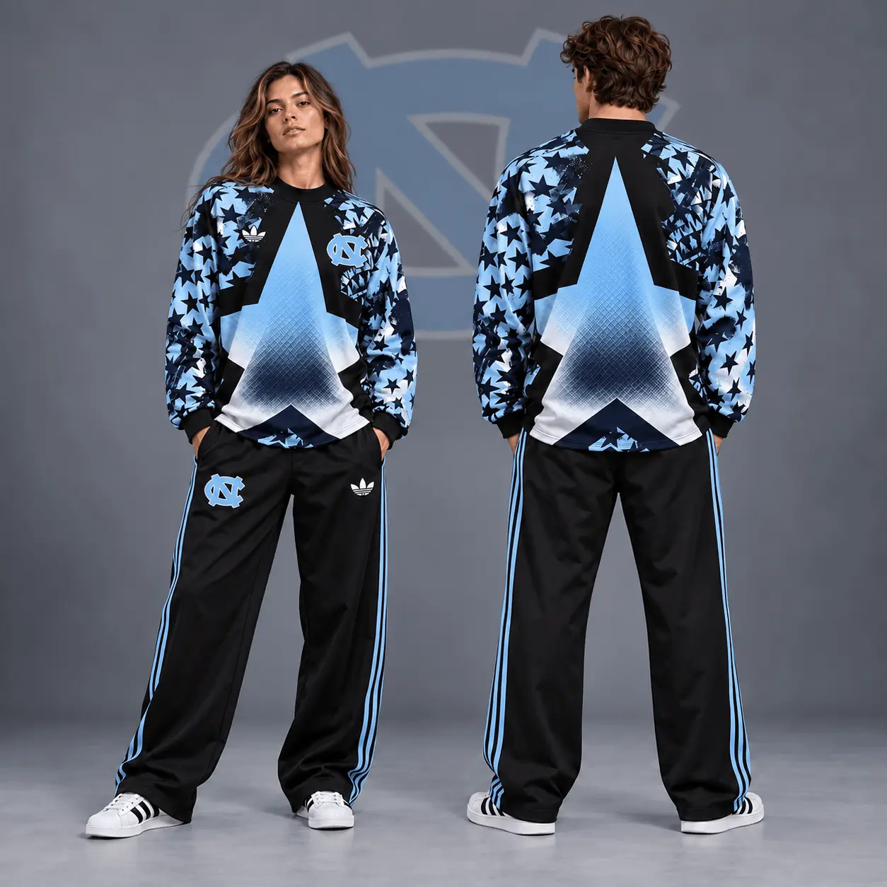 North Carolina Tar Heels | Premium NCAA Starburst Athletic Crewneck & Wide Leg Track Pants Set NDN
