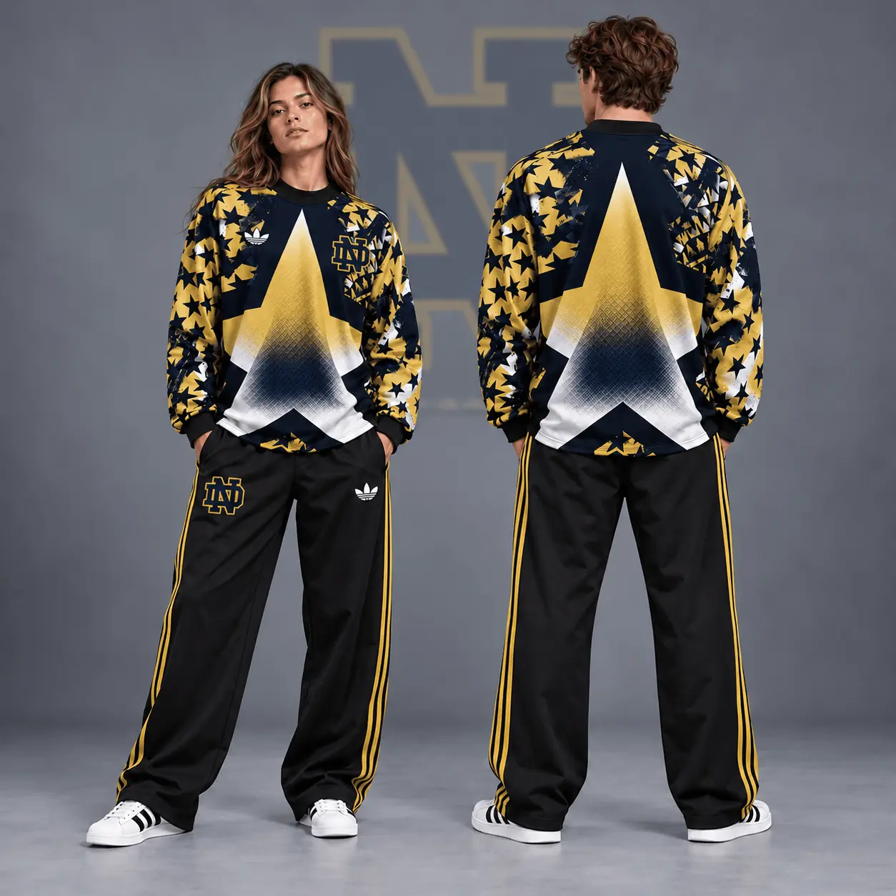 Notre Dame Fighting Irish | Premium NCAA Starburst Athletic Crewneck & Wide Leg Track Pants Set NDN