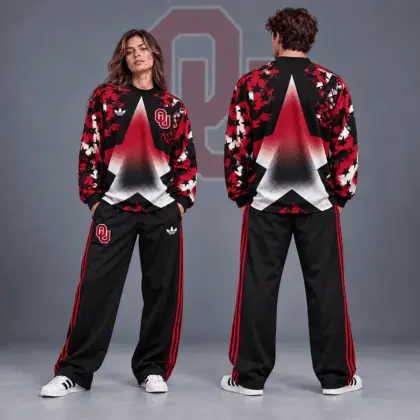 Oklahoma Sooners | Premium NCAA Starburst Athletic Crewneck & Wide Leg Track Pants Set NDN