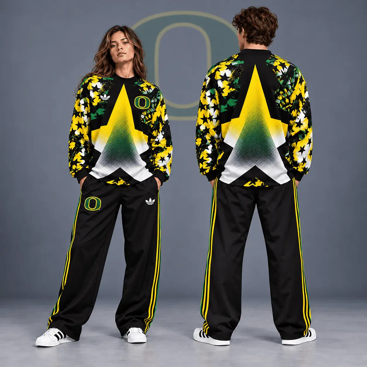 Oregon Ducks | Premium NCAA Starburst Athletic Crewneck & Wide Leg Track Pants Set NDN
