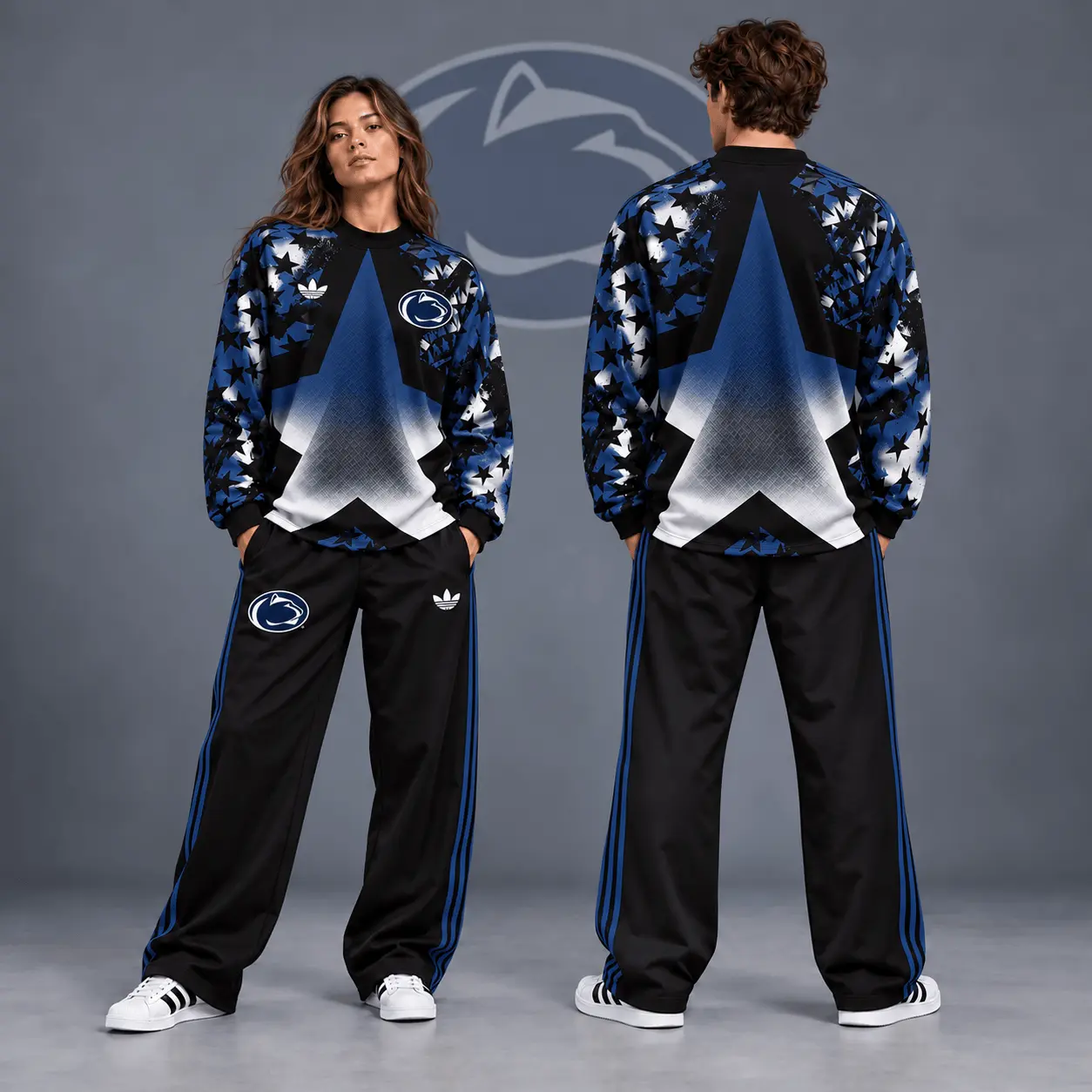 Penn State Nittany Lions | Premium NCAA Starburst Athletic Crewneck & Wide Leg Track Pants Set NDN