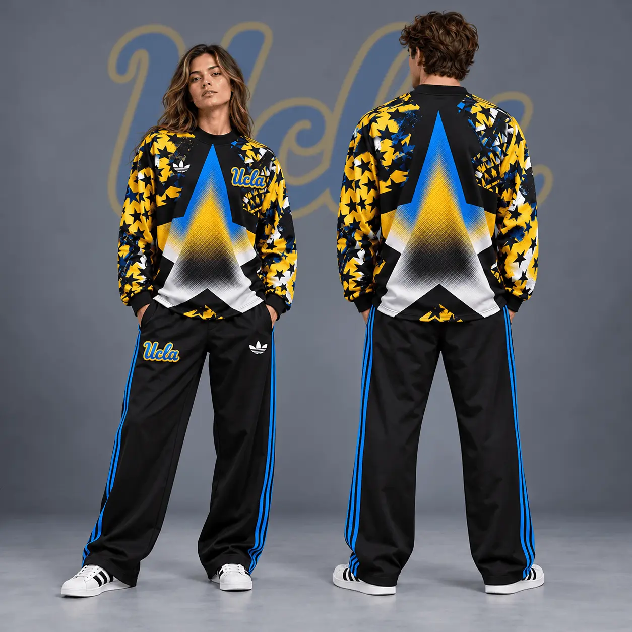 Ucla Bruins | Premium NCAA Starburst Athletic Crewneck & Wide Leg Track Pants Set NDN