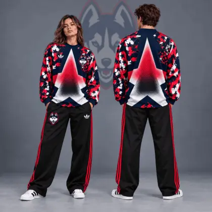 Uconn Huskies | Premium NCAA Starburst Athletic Crewneck & Wide Leg Track Pants Set NDN
