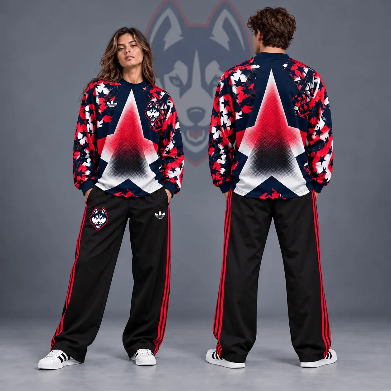 Uconn Huskies | Premium NCAA Starburst Athletic Crewneck & Wide Leg Track Pants Set NDN