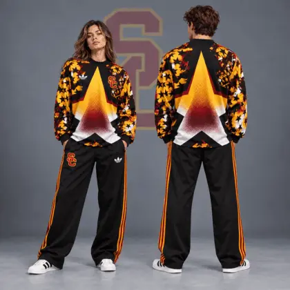 Usc Trojans | Premium NCAA Starburst Athletic Crewneck &amp; Wide Leg Track Pants Set NDN