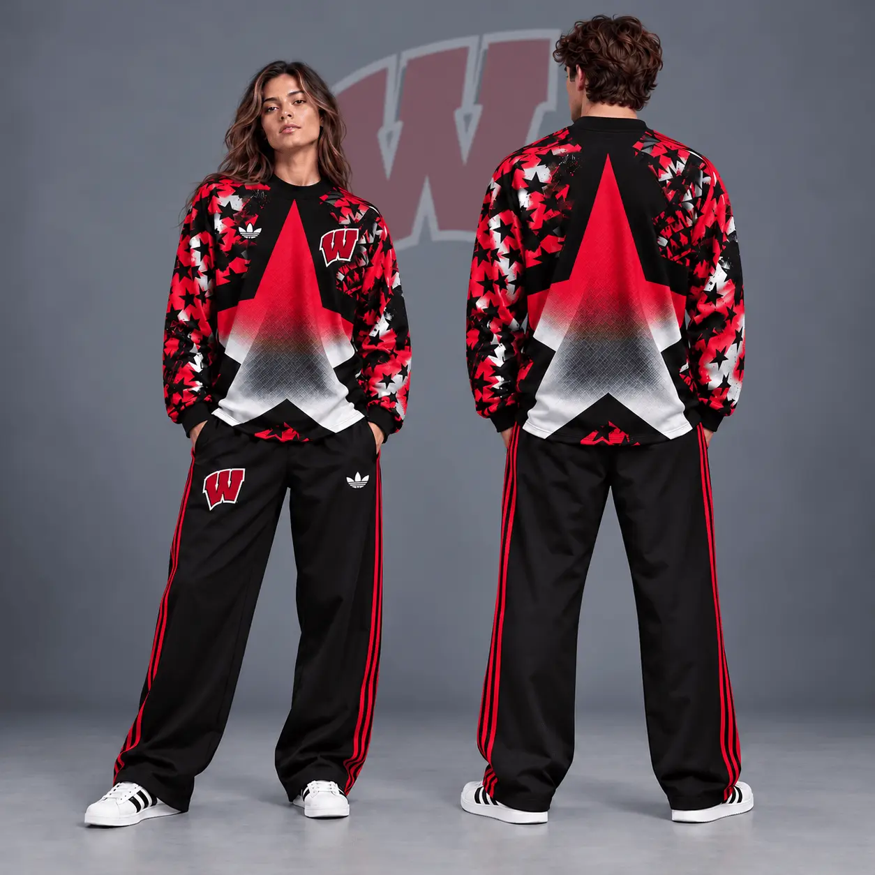 Wisconsin Badgers | Premium NCAA Starburst Athletic Crewneck & Wide Leg Track Pants Set NDN