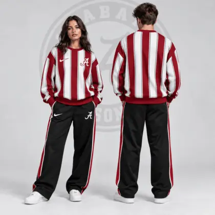 Alabama Crimson Tide | Premium NCAA Vertical Stripe Crewneck Sweatshirt & Wide Leg Track Pants Set NDN