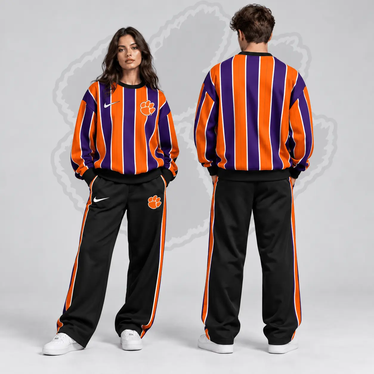Clemson Tigers | Premium NCAA Vertical Stripe Crewneck Sweatshirt & Wide Leg Track Pants Set NDN