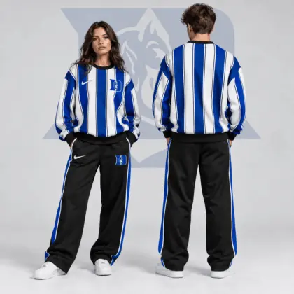 Duke Blue Devils | Premium NCAA Vertical Stripe Crewneck Sweatshirt & Wide Leg Track Pants Set NDN