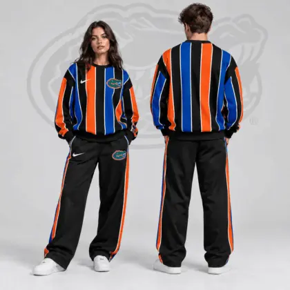 Florida Gators | Premium NCAA Vertical Stripe Crewneck Sweatshirt & Wide Leg Track Pants Set NDN