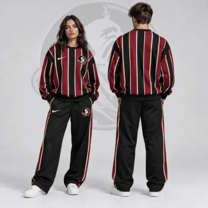 Florida State Seminoles | Premium NCAA Vertical Stripe Crewneck Sweatshirt & Wide Leg Track Pants Set NDN