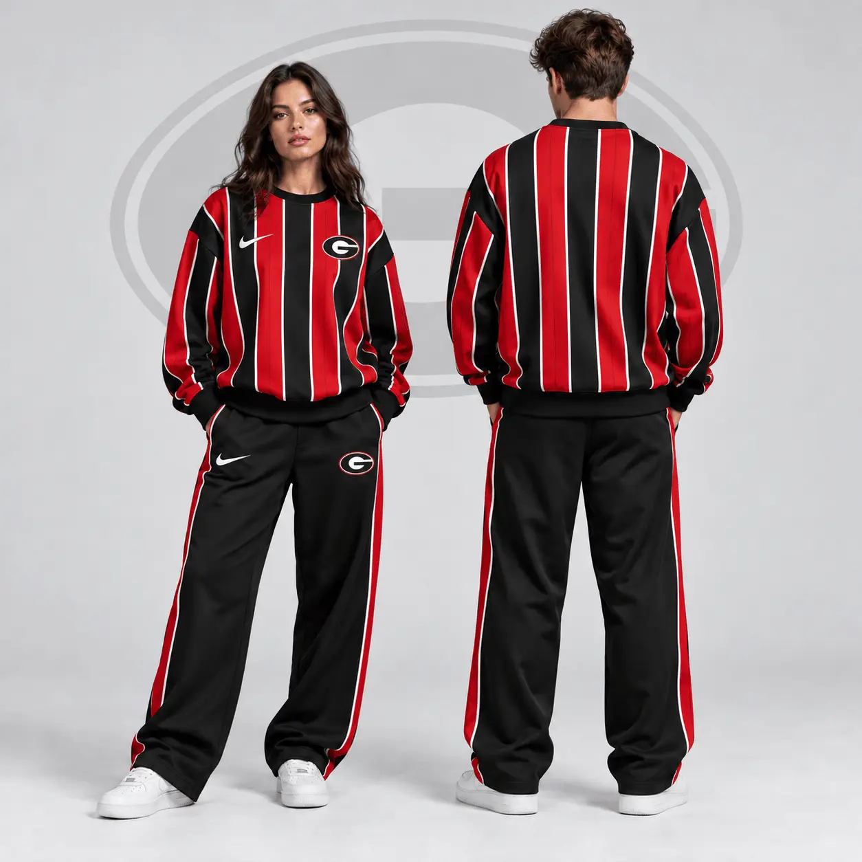 Georgia Bulldogs | Premium NCAA Vertical Stripe Crewneck Sweatshirt & Wide Leg Track Pants Set NDN