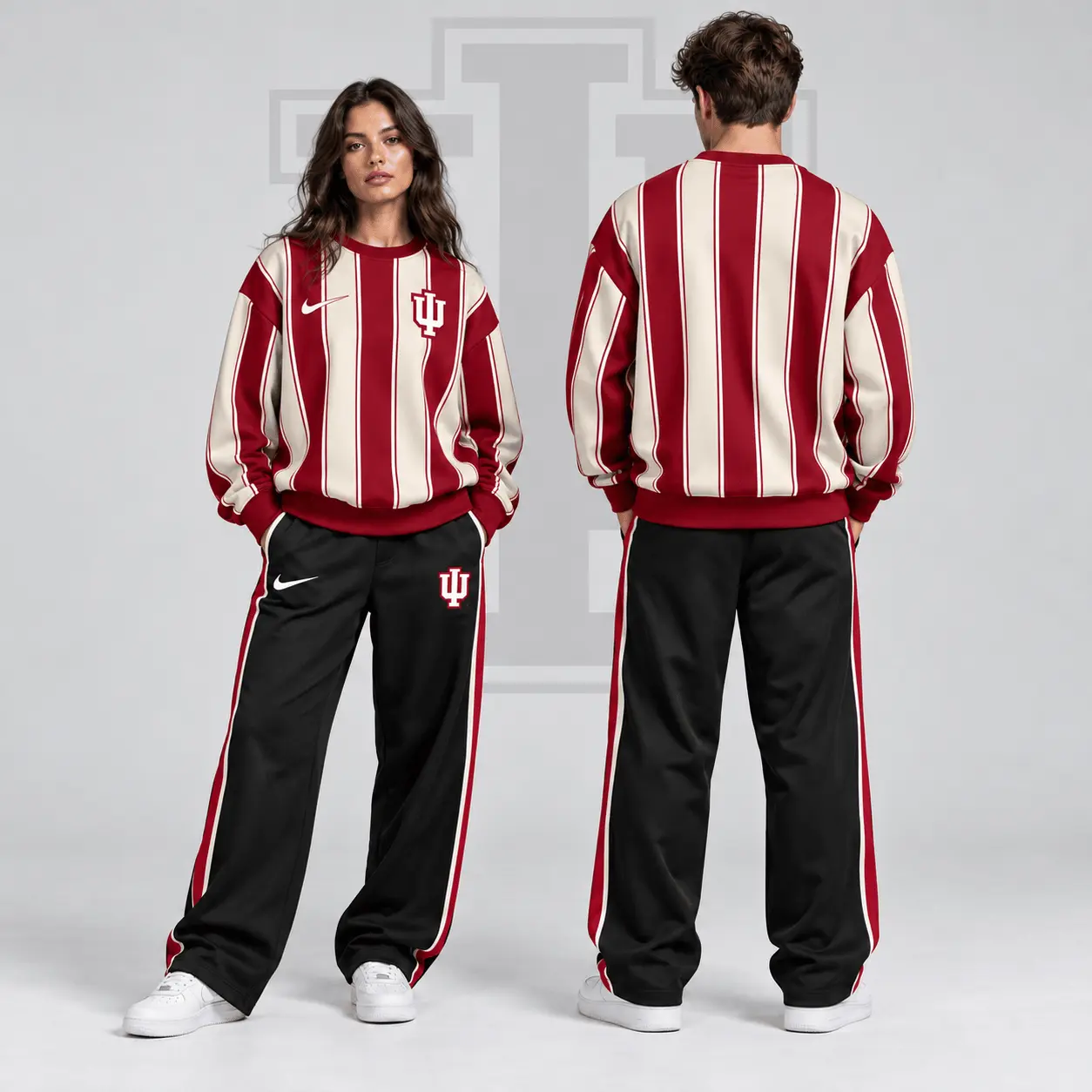 Indiana Hoosiers | Premium NCAA Vertical Stripe Crewneck Sweatshirt & Wide Leg Track Pants Set NDN