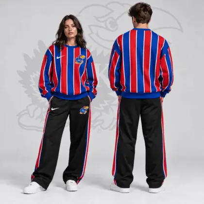 Kansas Jayhawks | Premium NCAA Vertical Stripe Crewneck Sweatshirt & Wide Leg Track Pants Set NDN