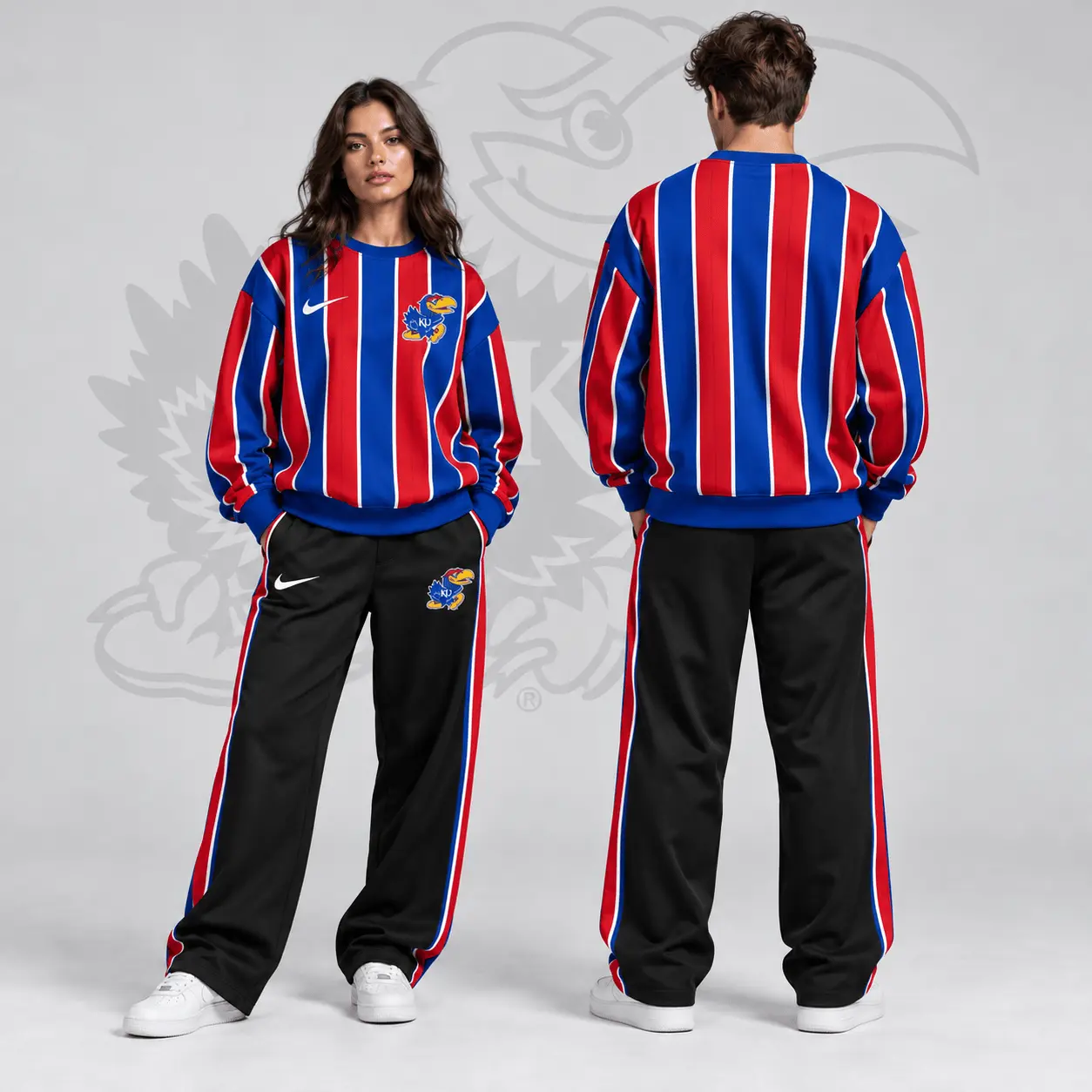 Kansas Jayhawks | Premium NCAA Vertical Stripe Crewneck Sweatshirt & Wide Leg Track Pants Set NDN