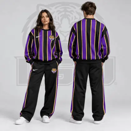 Lsu Tigers | Premium NCAA Vertical Stripe Crewneck Sweatshirt &amp; Wide Leg Track Pants Set NDN