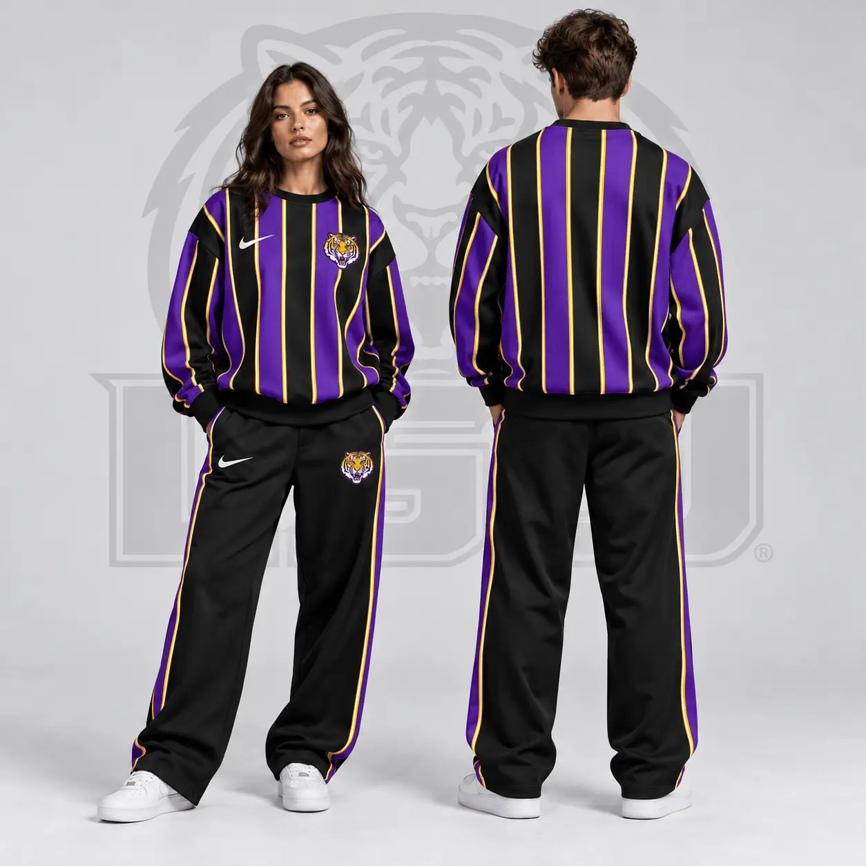 Lsu Tigers | Premium NCAA Vertical Stripe Crewneck Sweatshirt & Wide Leg Track Pants Set NDN
