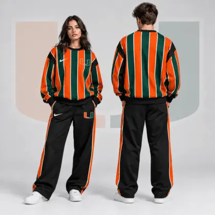Miami Hurricanes | Premium NCAA Vertical Stripe Crewneck Sweatshirt &amp; Wide Leg Track Pants Set NDN