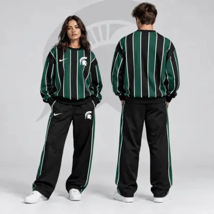 Michigan State Spartans | Premium NCAA Vertical Stripe Crewneck Sweatshirt &amp; Wide Leg Track Pants Set NDN